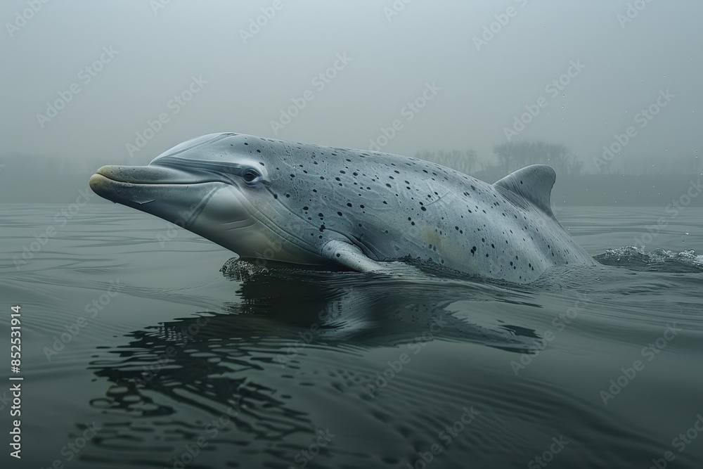 A Baiji river dolphin swimming in the murky waters of the Yangtze River, its elongated beak and graceful movements captured underwater. A Baiji river dolphin swimming in the murky waters of the Yangtze River, its elongated beak and graceful movements captured underwater.