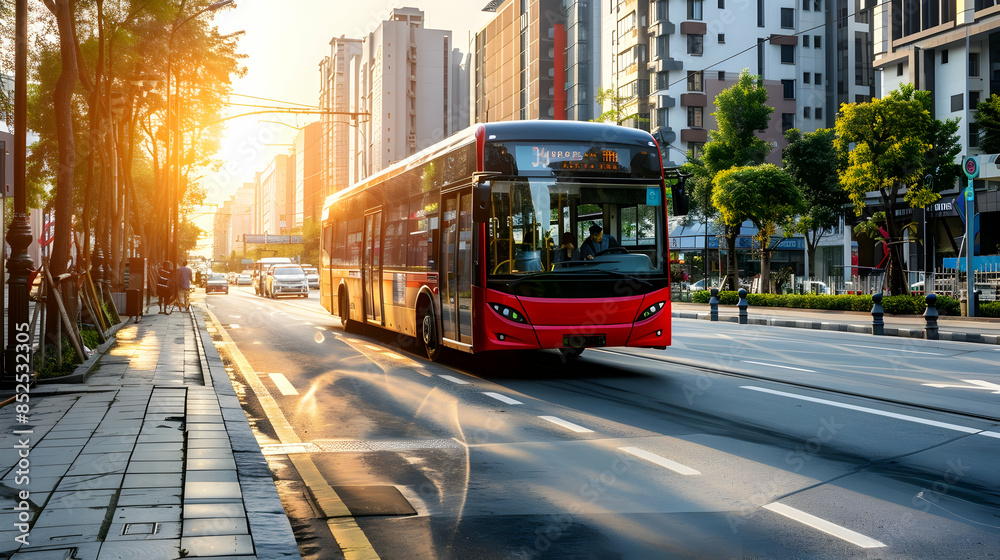 Naklejka premium Red Bus Driving Through City Streets During Sunset - Photo