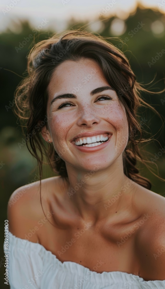 Fototapeta premium Radiant Woman Smiling Outdoors in Natural Light Post-Microdermabrasion on a Sunny Day