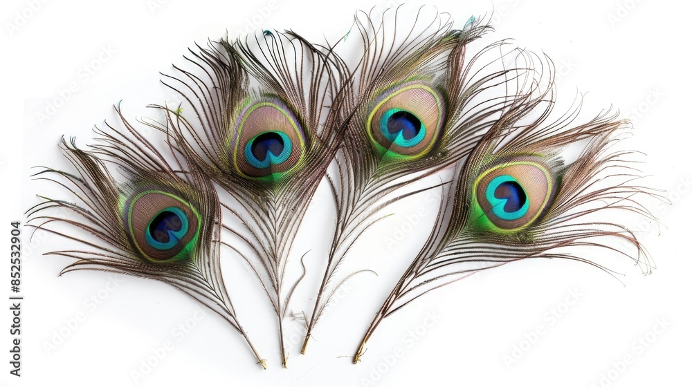 Fototapeta premium Peacock feathers on a white backdrop