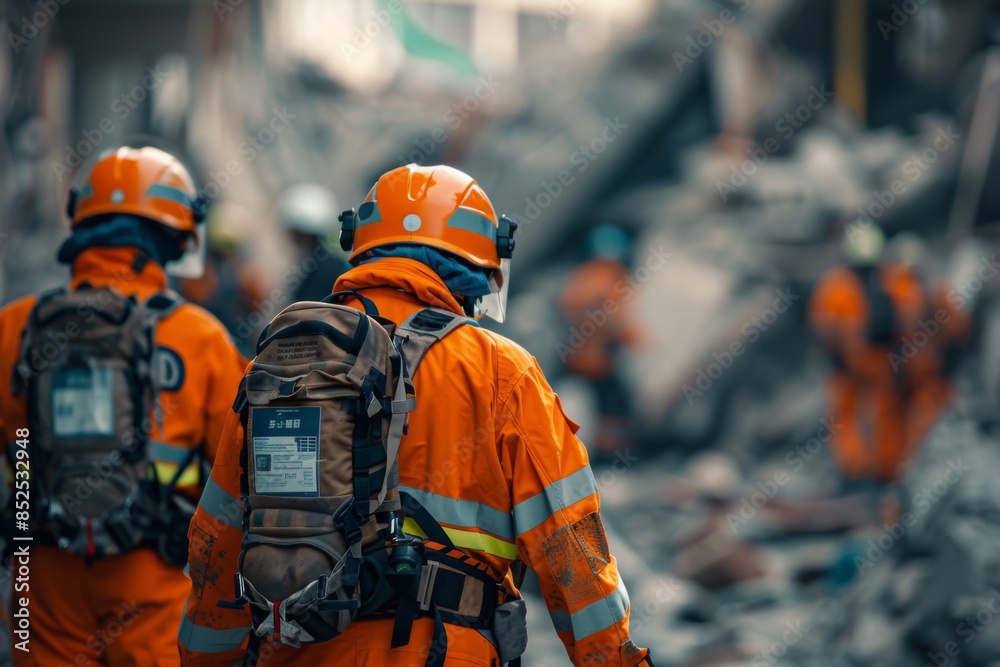 Rescue Workers Operating in Earthquake Rubble Scene