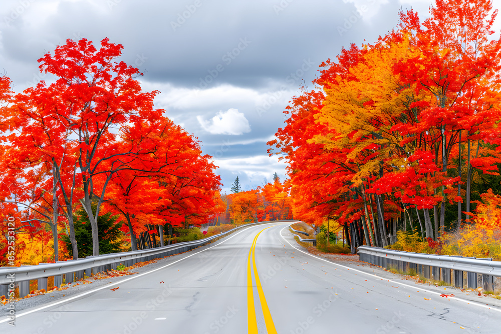 Obraz premium Highway road with beautiful autumn tree. Fall season.