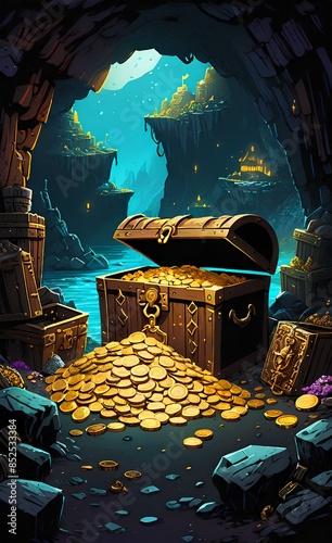 A cartoon background featuring a pile of gold coins and treasure in a mine cave, with a pirate chest.