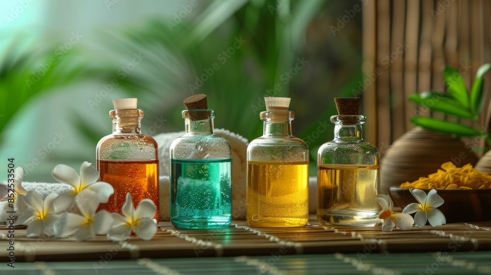 Various Essential Oils in Glass Bottles for a Serene Spa Setting and Facial Massage Benefits Various Essential Oils in Glass Bottles for a Serene Spa Setting and Facial Massage Benefits