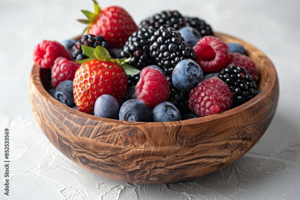 Assorted Fresh Berries in Wooden Bowl