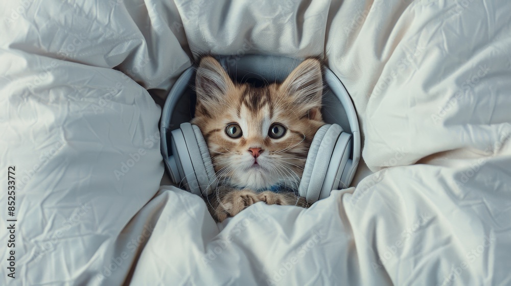 Charming kitten with headphones on, nestled in a fluffy pillow bed, attentively watching TV, a delightful and endearing illustration Charming kitten with headphones on, nestled in a fluffy pillow bed, attentively watching TV, a delightful and endearing illustration