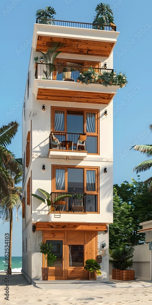 Fototapeta premium A three-story house with a modern design and a beautiful view of the beach