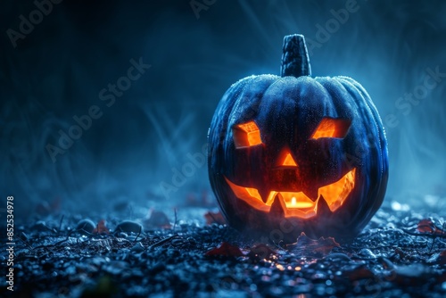 Eerie Halloween Jack-o'-Lantern on Foggy Night