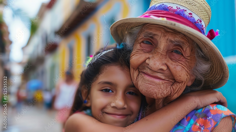 Cheerful elderly woman and young girl, both in colorful hats, embracing and smiling with a historical building behind them, detailed realism