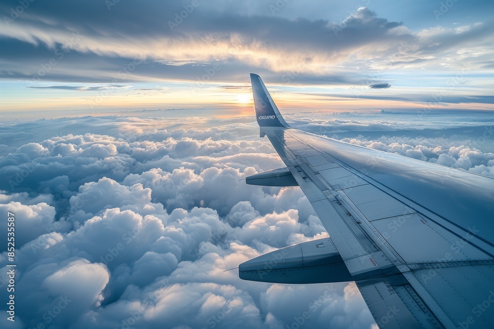 Fototapeta premium Airplane Wing Above the Clouds at Sunrise