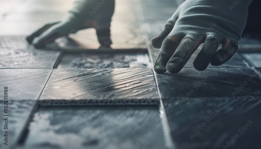 Close-up image of a person's hands installing ceramic floor tiles. Professional tiling work showing detailed craftsmanship and precision. Close-up image of a person's hands installing ceramic floor tiles. Professional tiling work showing detailed craftsmanship and precision.