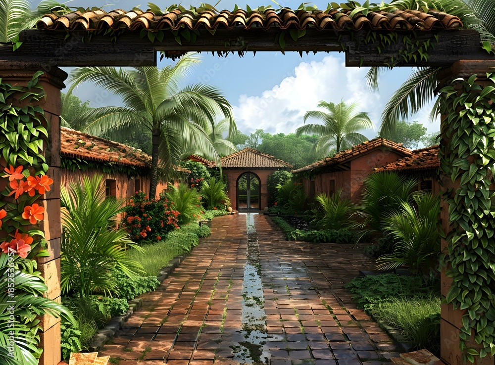 Tropical Courtyard With Palm Trees And Red Brick Pathway Tropical Courtyard With Palm Trees And Red Brick Pathway