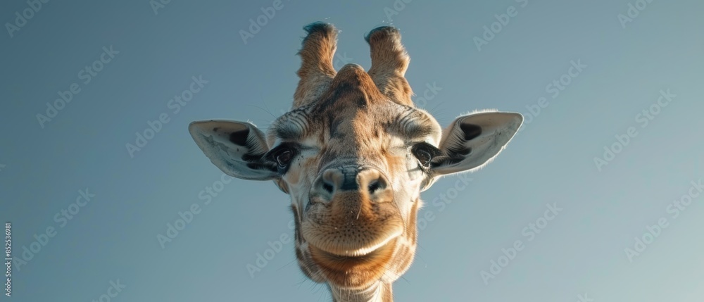 Naklejka premium Close-up of a curious giraffe looking directly into the camera against a clear blue sky background, showcasing its unique facial features.