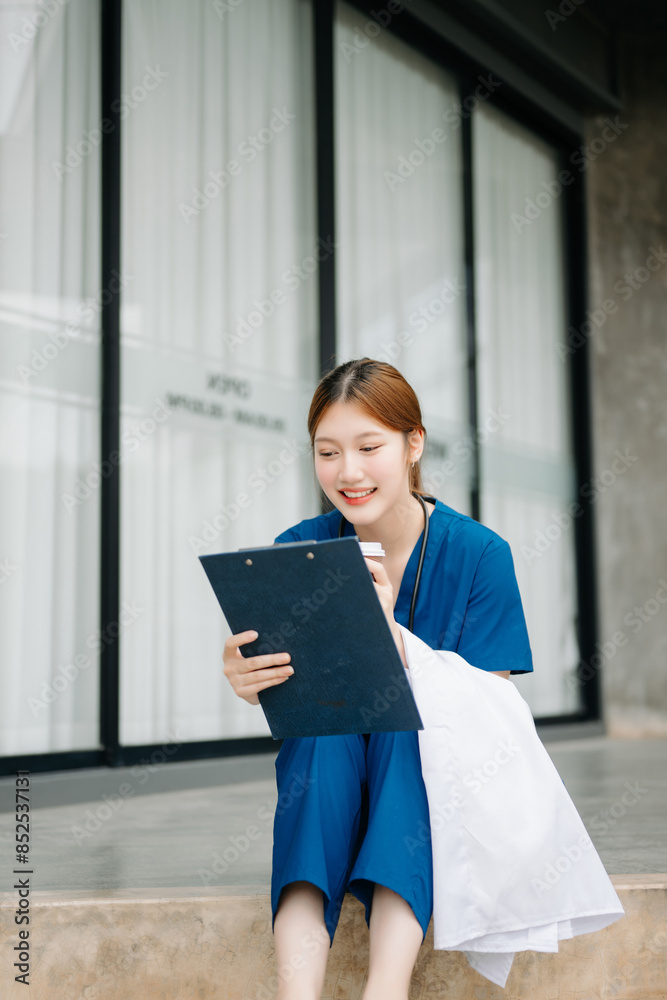 Asian woman part time doctorRepresentation of the daily life of a nurse going to work. Young, confident nurse outside looking away with smile on her face. Asian woman part time doctorRepresentation of the daily life of a nurse going to work. Young, confident nurse outside looking away with smile on her face.