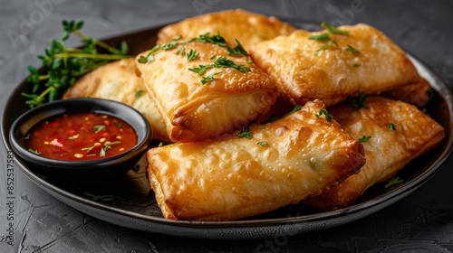 Delicious fried pastry appetizers with spicy dipping sauce