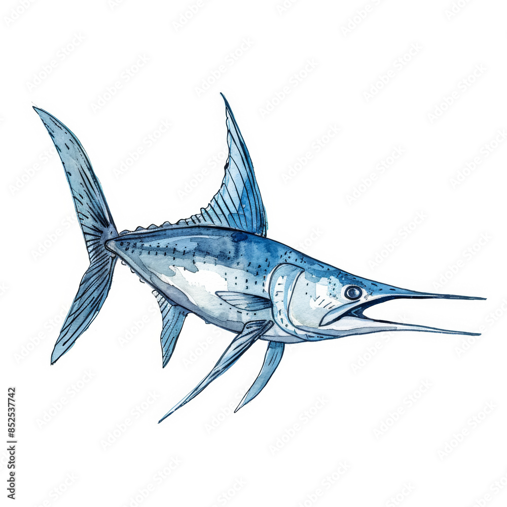A friendly swordfish with sleek blue and silver markings, cute cartoon ink watercolor illustration isolated on a white background A friendly swordfish with sleek blue and silver markings, cute cartoon ink watercolor illustration isolated on a white background