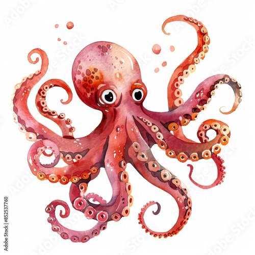A friendly octopus with vibrant red and orange tentacles, cute cartoon ink watercolor illustration isolated on a white background