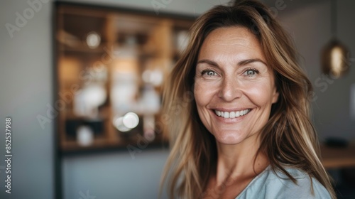 Confident Smiling Woman After Mesotherapy Session in Modern Aesthetic Clinic Setting