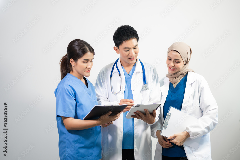 Successful team of medical doctors looking at camera and smiling while standin. Health, professional and people team in white background Successful team of medical doctors looking at camera and smiling while standin. Health, professional and people team in white background