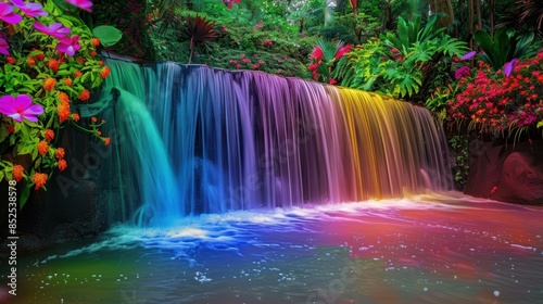 Vibrant tropical waterfall in lush garden