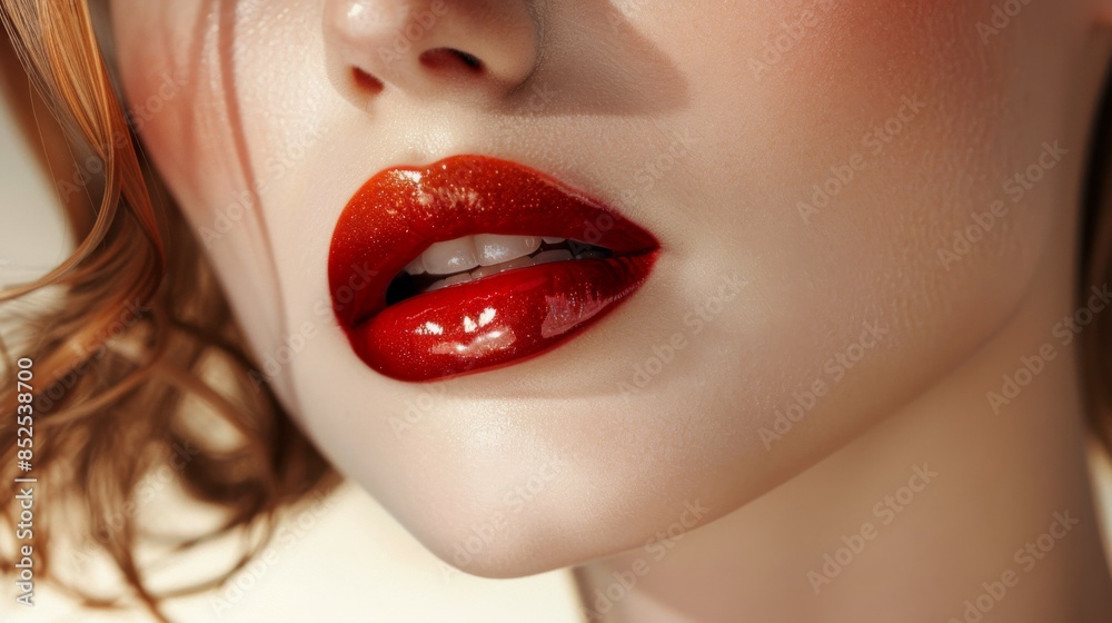 Obraz premium Bold Lips: A detailed shot of a models lips with bold vibrant lipstick. Fashion. Beauty. Cosmetics.