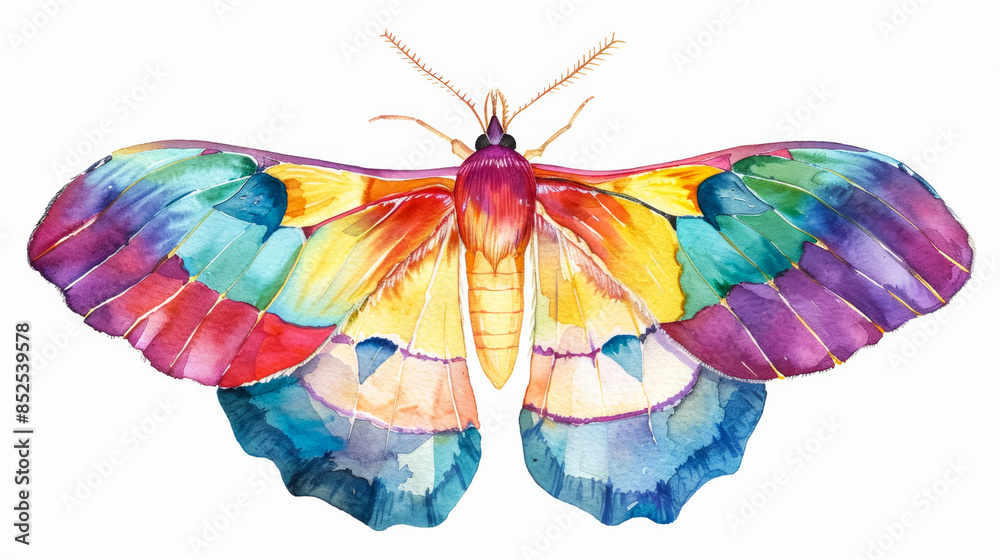 A radiant sunset moth with iridescent wings in a rainbow of hues, simple watercolor illustration isolated on a white background A radiant sunset moth with iridescent wings in a rainbow of hues, simple watercolor illustration isolated on a white background
