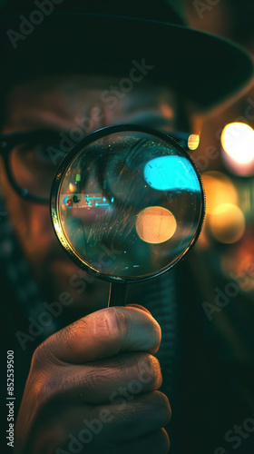 A close-up of a persons hand holding a magnifying glass, with blurred city lights in the background