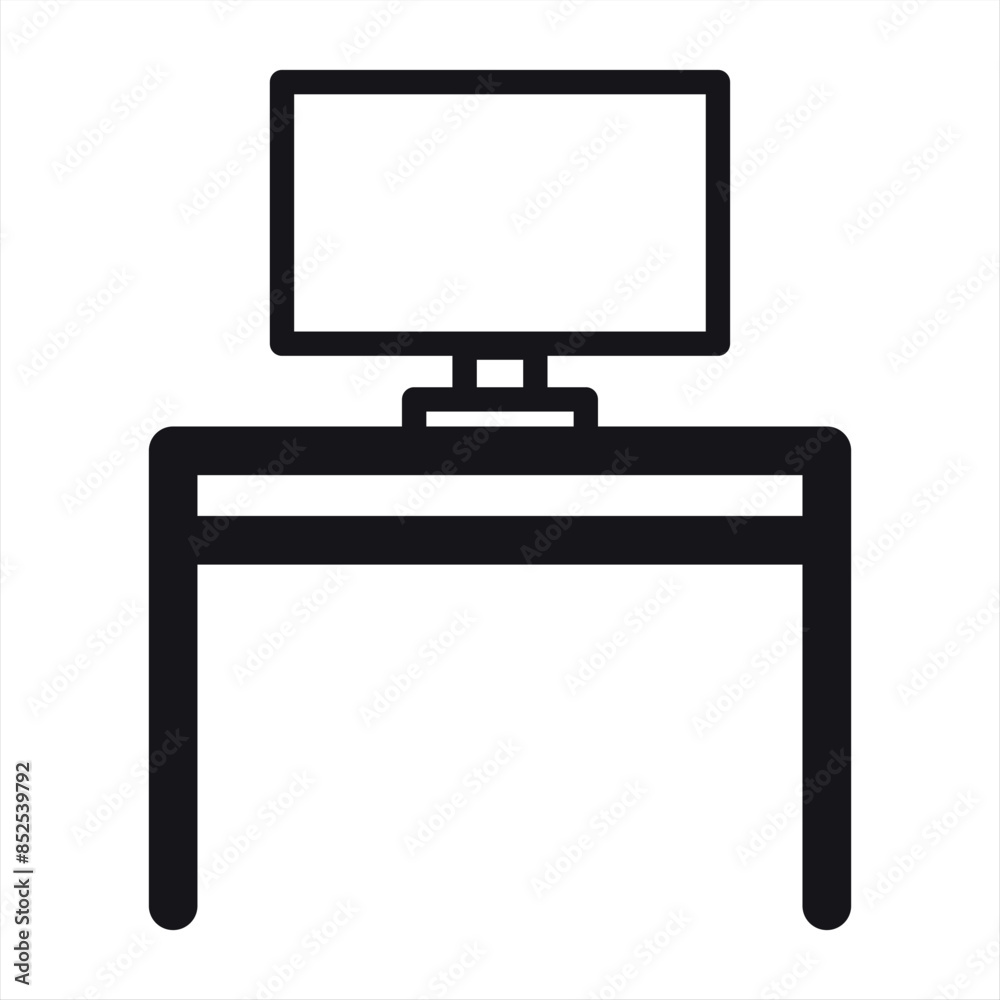 Computer desk icon. Features a streamlined modern computer desk with a monitor, ideal for web and app design related to office furniture, home offices, and workspaces. Vector illustration Computer desk icon. Features a streamlined modern computer desk with a monitor, ideal for web and app design related to office furniture, home offices, and workspaces. Vector illustration