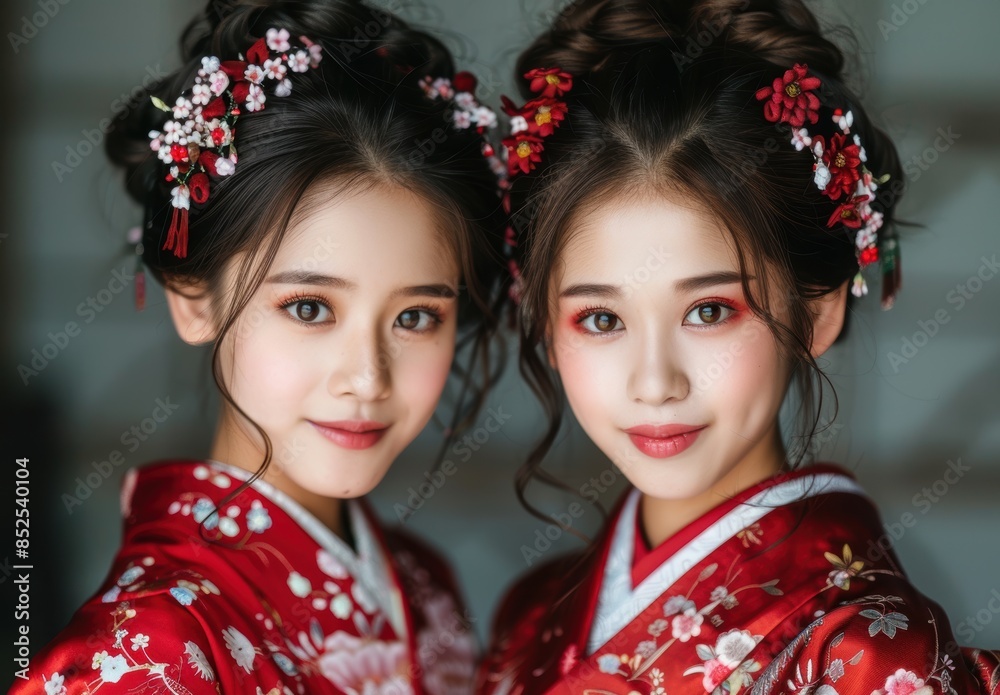 two beautiful asian women in traditional japanese kimonos two beautiful asian women in traditional japanese kimonos