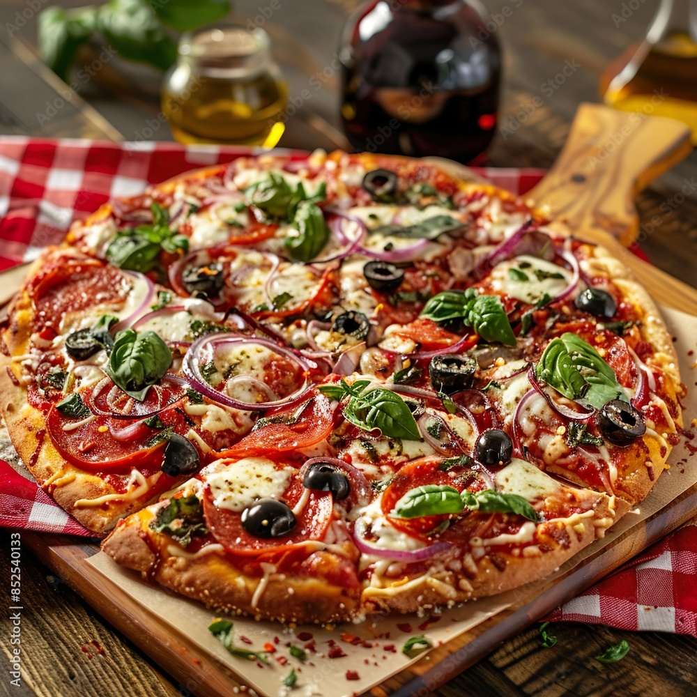 A thin-crust pizza topped with tomato sauce, mozzarella, pepperoni, olives, red onions, and basil. Sliced on a wooden board with a red-checkered tablecloth, olive oil bottle, and red wine. A thin-crust pizza topped with tomato sauce, mozzarella, pepperoni, olives, red onions, and basil. Sliced on a wooden board with a red-checkered tablecloth, olive oil bottle, and red wine.