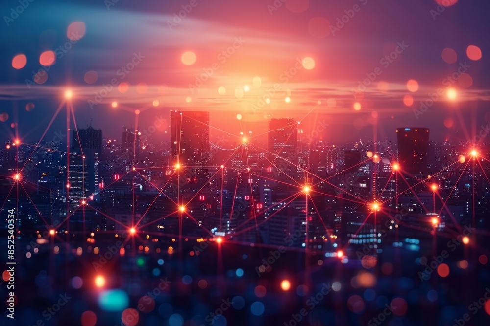 Obraz premium Futuristic Smart City Network at Sunset