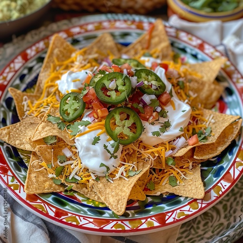 A plate of tortilla chips loaded with melted cheese, jalapenos, sour cream, guacamole, and salsa. Served on a colorful platter, garnished with fresh cilantro.  photo