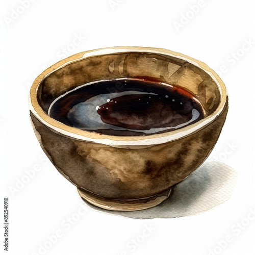 A small bowl of thick, rich, brown balsamic glaze with a hint of sweetness, simple watercolor illustration isolated on a white background 