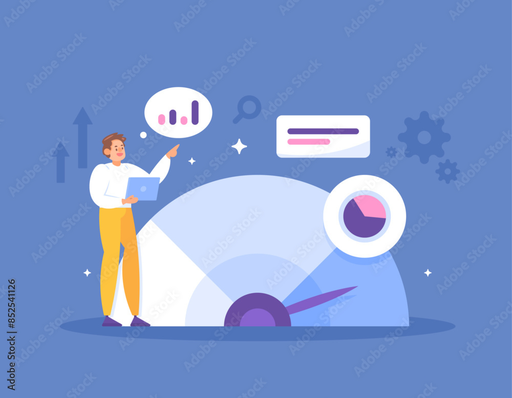 Obraz premium business benchmarking concept. review, check and compare company or business data. analyze and read data. business benchmarks. illustration concept design. graphic elements. blue background