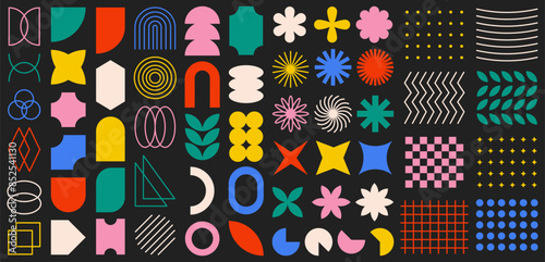 Big set of abstract geometric shapes. Colorful modern brutal forms and figures on black background. Swiss design aesthetic. Decorative design elements.