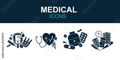 Icons medicine concept. Medical and pharmacy plasticine elements. Pills and drugs, heart with pulse line, blood test tube. Isolated pithy hospital set