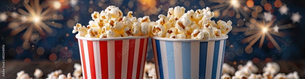 Popcorn in striped containers with fireworks background Popcorn in striped containers with fireworks background