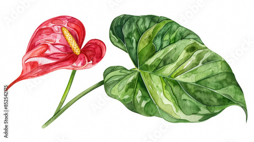 A vibrant anthurium with bright red spathe and glossy green leaf, simple watercolor illustration isolated on a white background  photo