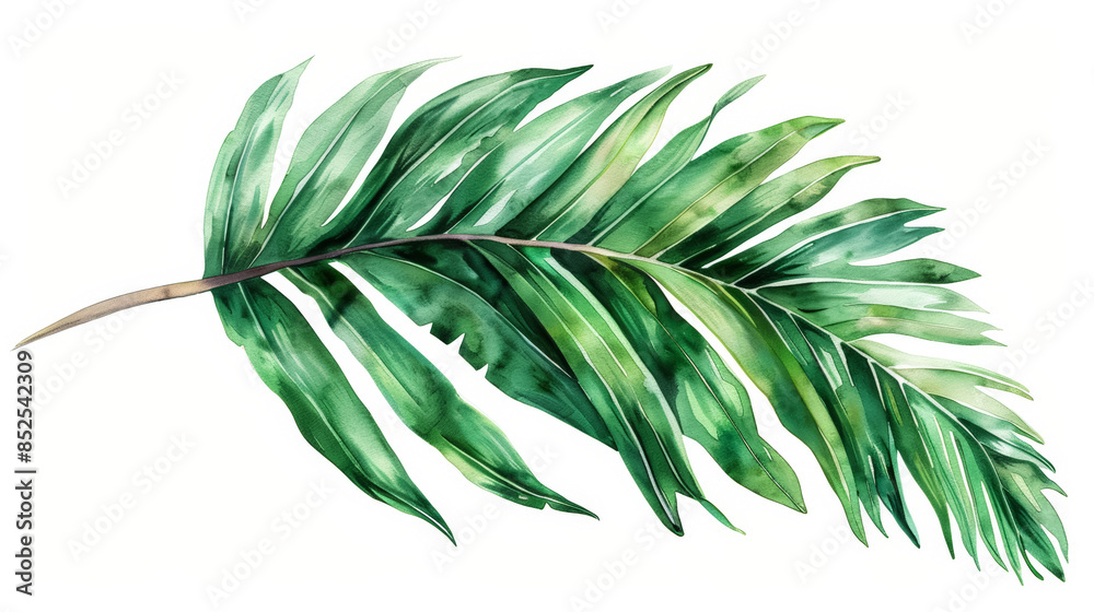 A vibrant green palm leaf with detailed fronds and tropical essence, simple watercolor illustration isolated on a white background A vibrant green palm leaf with detailed fronds and tropical essence, simple watercolor illustration isolated on a white background