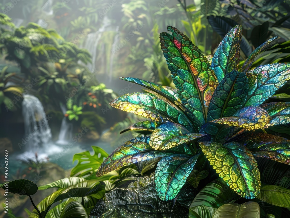 Fototapeta premium Vibrant tropical rainforest with waterfall