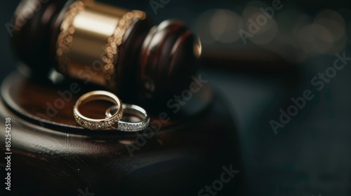 Close-up of wedding rings placed on a judge's gavel, symbolizing marriage and legal proceedings. Perfect for divorce or legal themes.