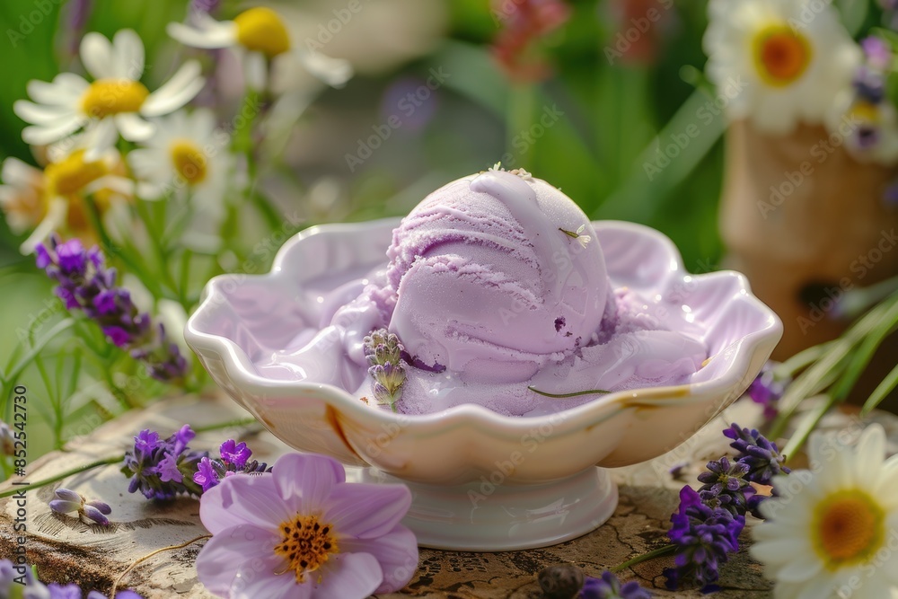 Lavender ice cream in a floral setting Lavender ice cream in a floral setting