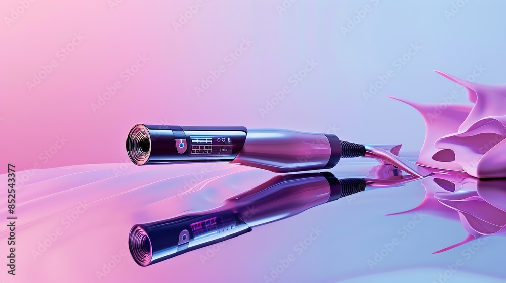 A modern curling wand with a digital display, floating above a mirrored surface A modern curling wand with a digital display, floating above a mirrored surface