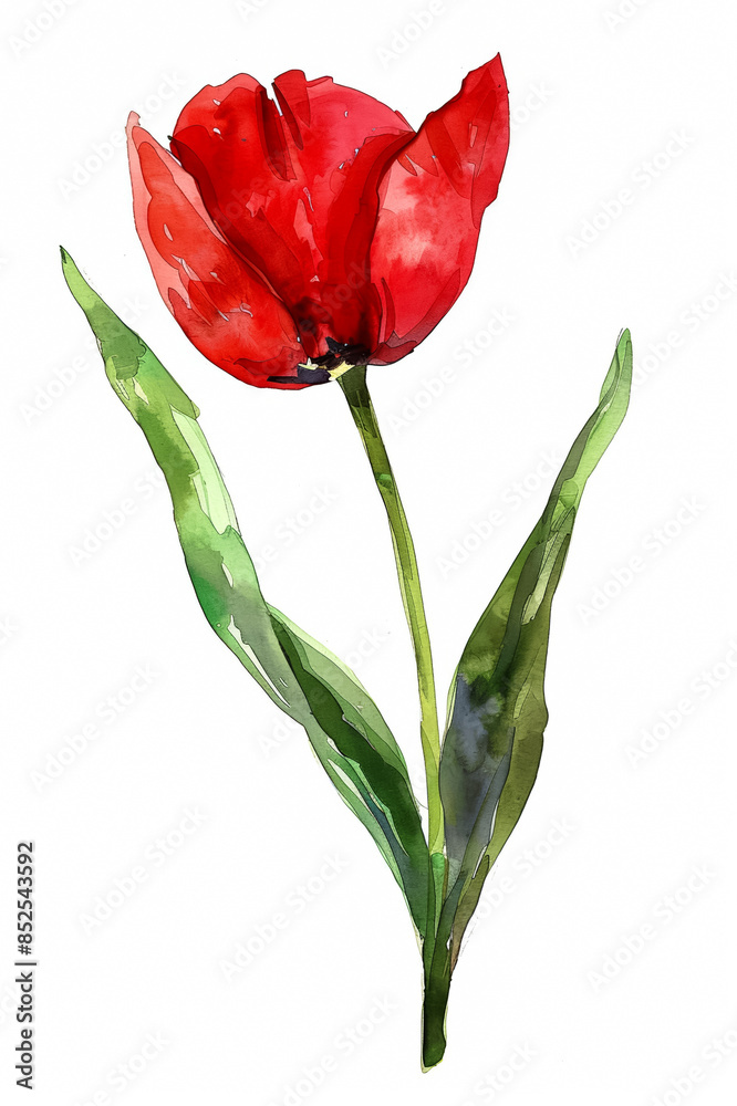 Bold red tulip with vivid green stem, simple watercolor illustration isolated on a white background Bold red tulip with vivid green stem, simple watercolor illustration isolated on a white background