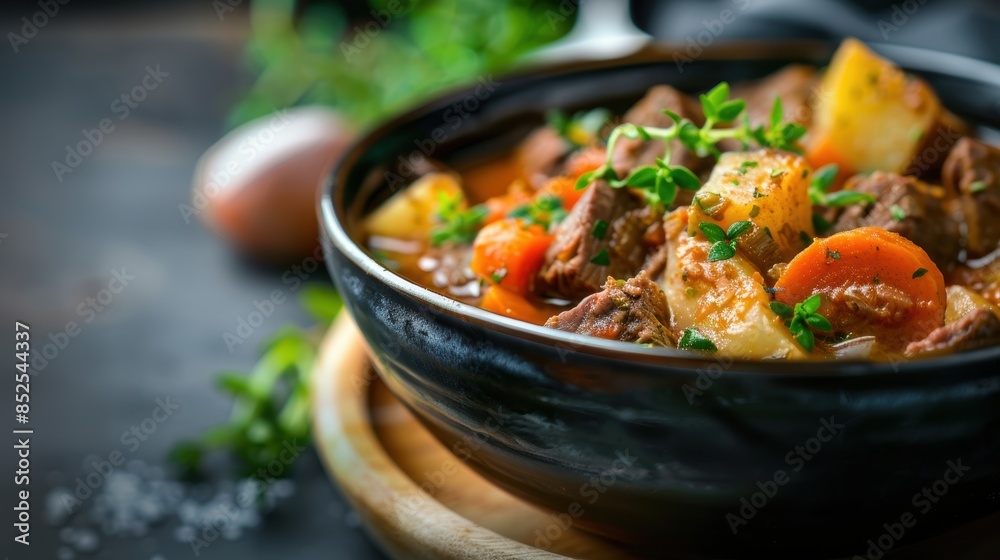 Delicious beef stew with carrots and potatoes served in a rustic bowl, garnished with fresh parsley, perfect for comfort food cravings.