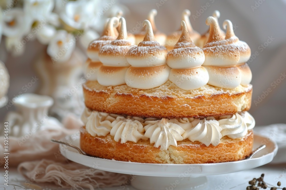 Elegant Layered Cake with Meringue Topping Elegant Layered Cake with Meringue Topping