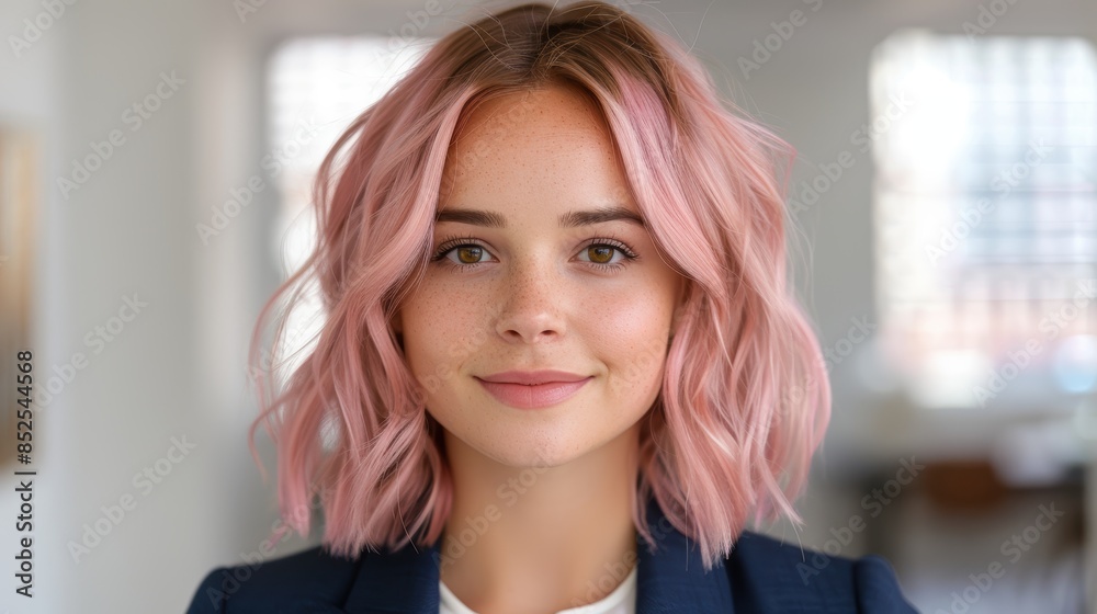 young woman with pink hair in a professional setting young woman with pink hair in a professional setting