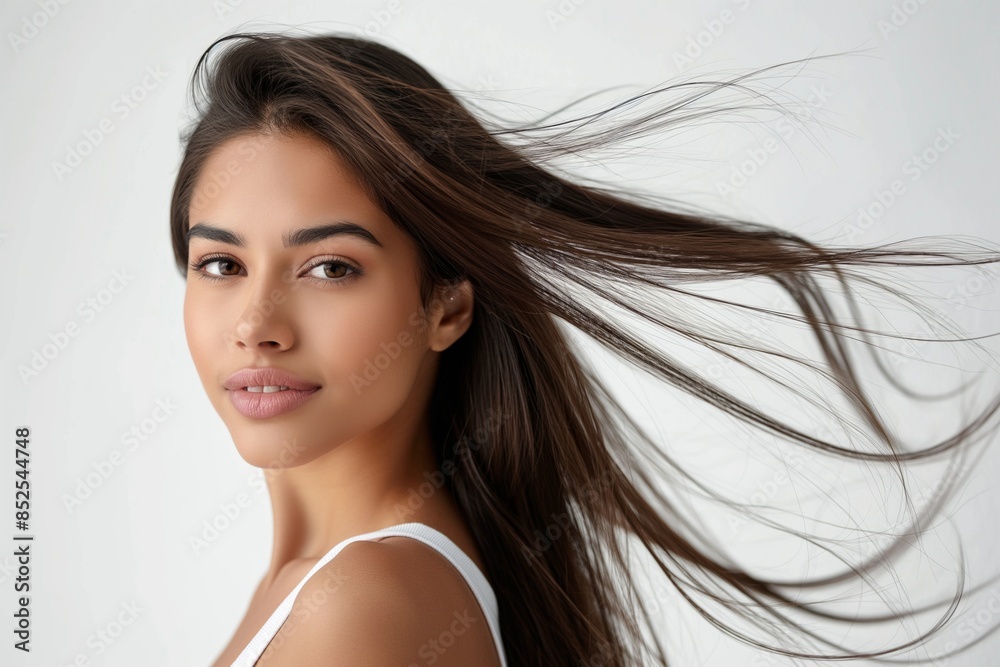 Side view of a Brazilian female with silky, voluminous hair. Young girl with hair flying in the wind Side view of a Brazilian female with silky, voluminous hair. Young girl with hair flying in the wind