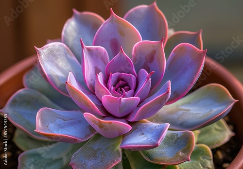 Vibrant succulent plant with intricate pink and blue petals