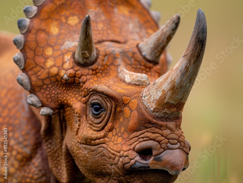 Close-up of a fierce-looking triceratops dinosaur